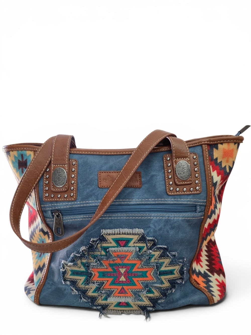 Montana West Southwestern-Style Blue Canvas Tote with Multicolor Aztec Trim